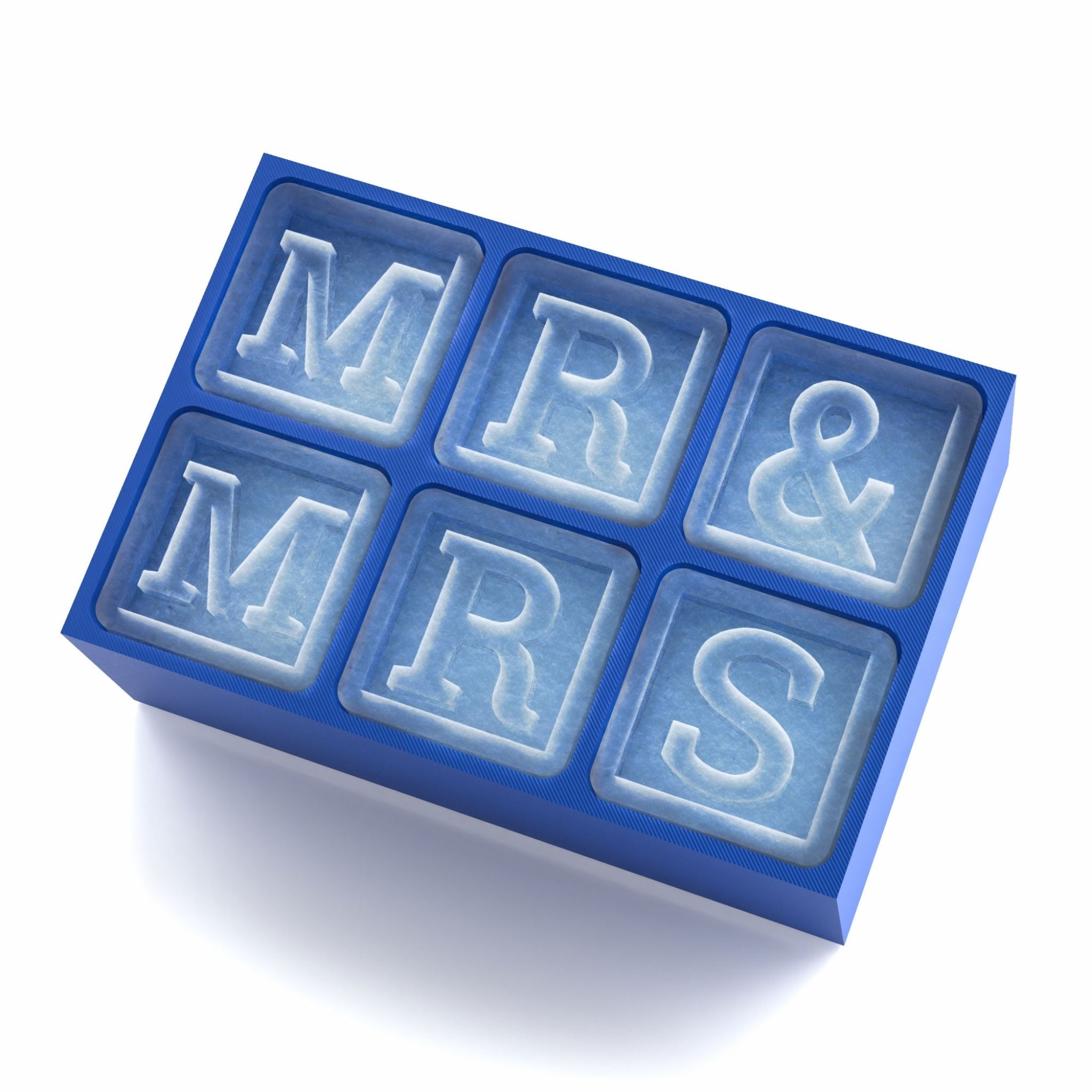 Blue silicone ice tray featuring bold MR & MRS letters, ideal for weddings and anniversaries.