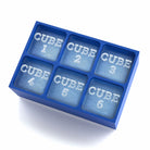 Blue silicone ice cube tray with numbers and the word "CUBE" on each cube from 1 to 6.
