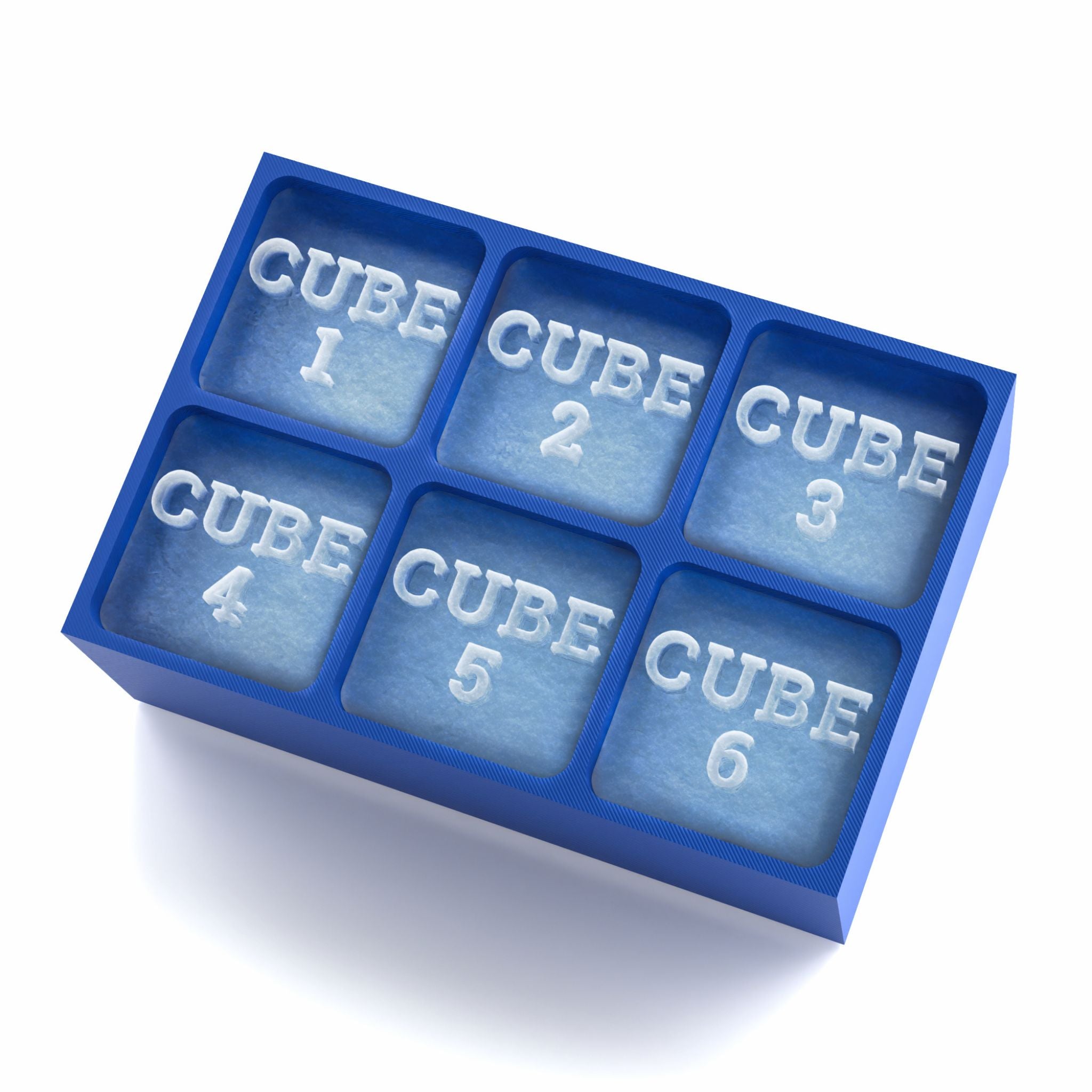 Blue silicone ice cube tray with numbers and the word "CUBE" on each cube from 1 to 6.