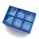 Blue silicone ice tray featuring couple initials, “FOREVER,” and a heart-infinity ice cube for romantic gifting