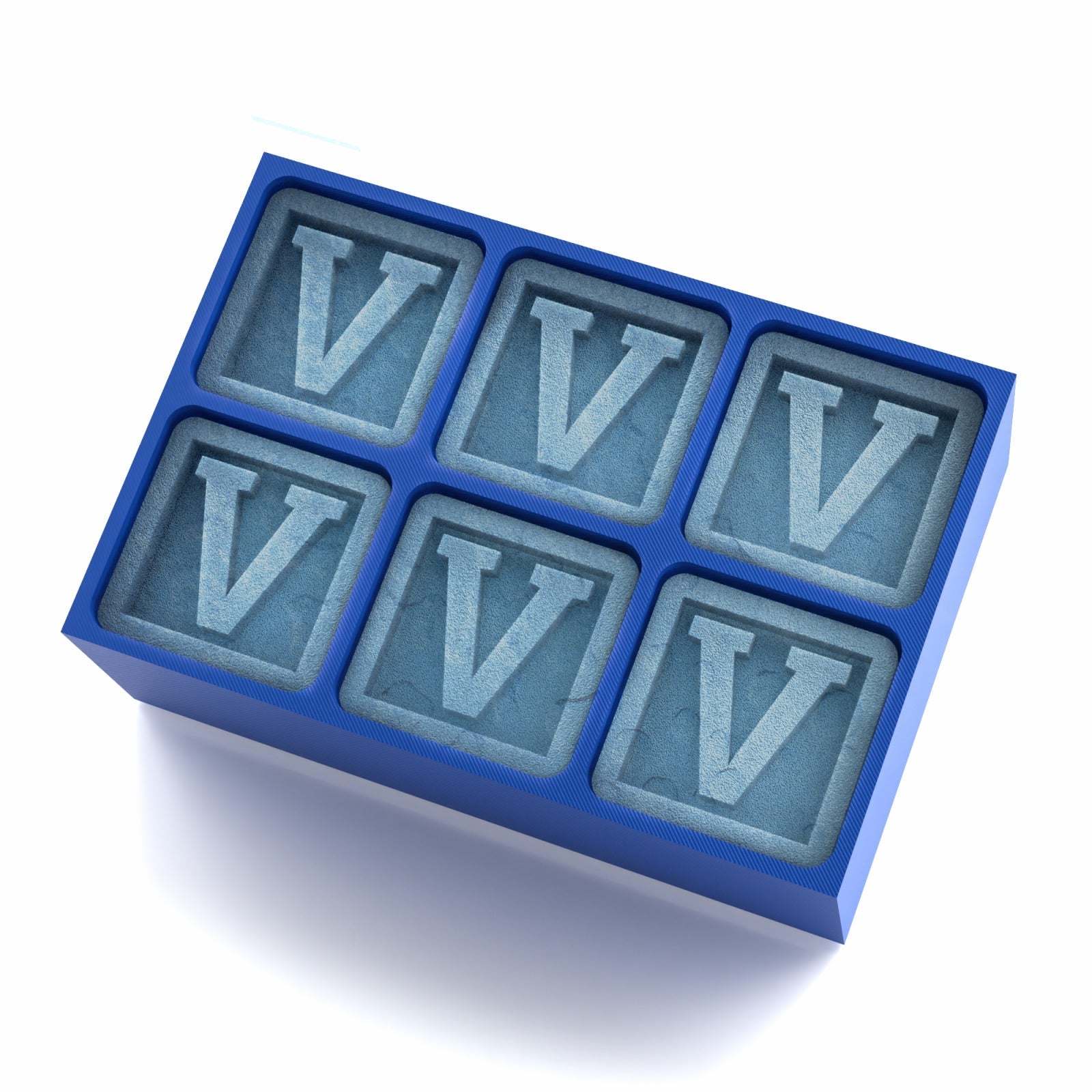 Blue ice cube tray with six V initial ice cubes, premium personalised barware gift idea for birthdays or celebrations.