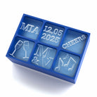 Blue silicone wedding ice tray with custom text including names, date, and symbols, perfect for bridal showers, engagements, or wedding day drinks