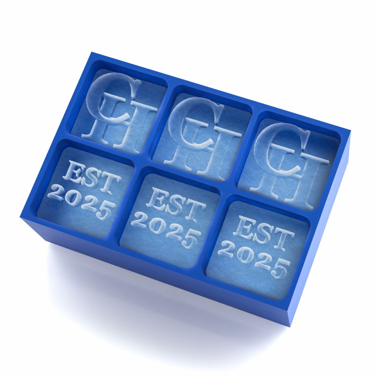 Royal blue personalised EST. Year ice tray filled with six custom cubes engraved with CH initials and EST 2025 – creative keepsake for birthdays, weddings or anniversaries.