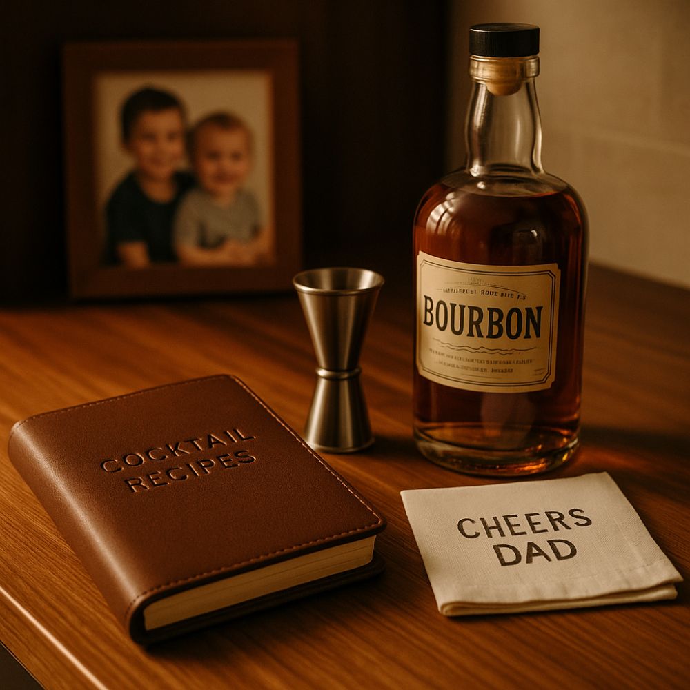 A bottle of bourbon, cocktail jigger, and a leather cocktail recipe book beside a “Cheers Dad” napkin – a classy bar gift for Father's Day or birthdays.