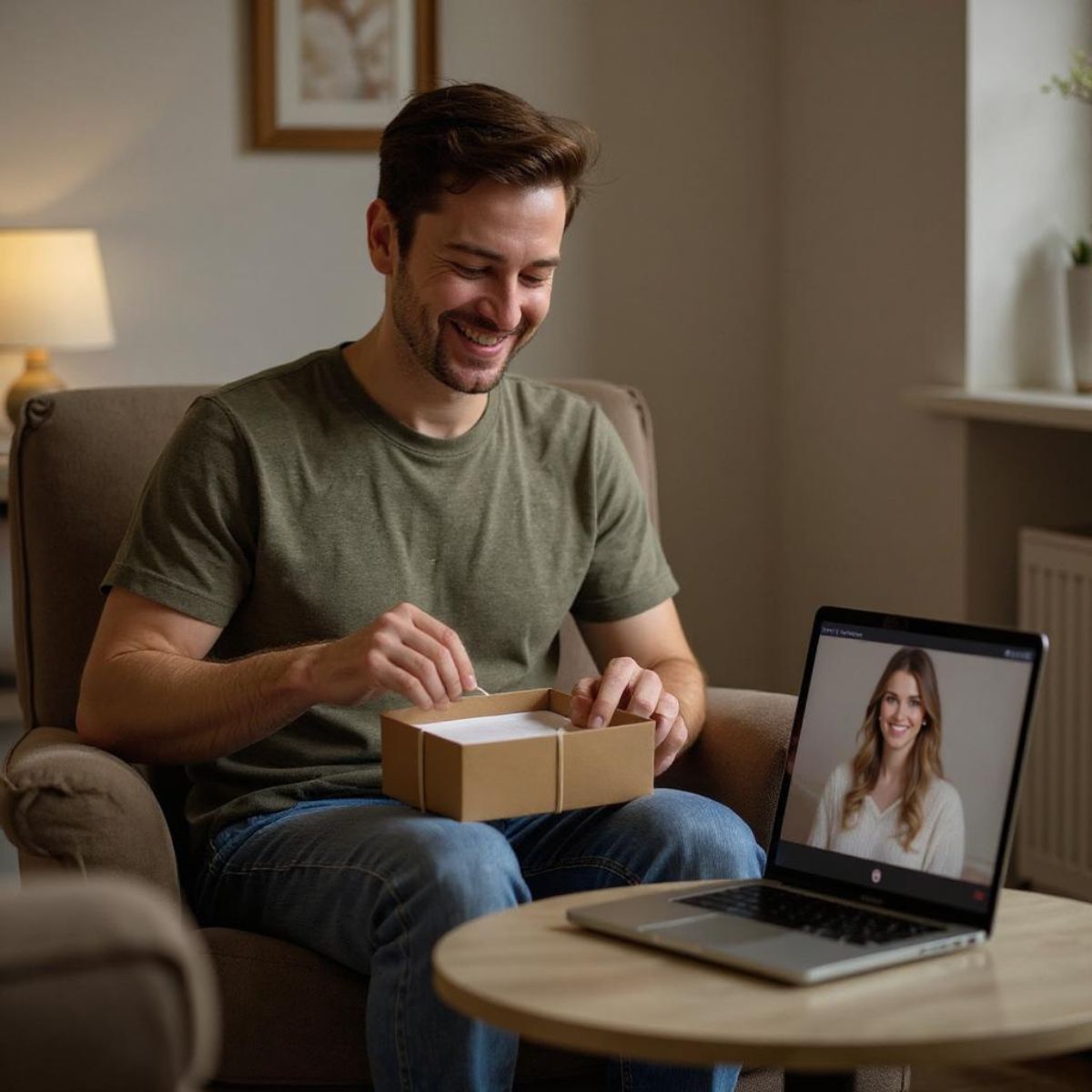 Man smiling while opening a gift from his long-distance girlfriend during a video chat, holding a box about the size of a book in a warm, relaxed setting.
