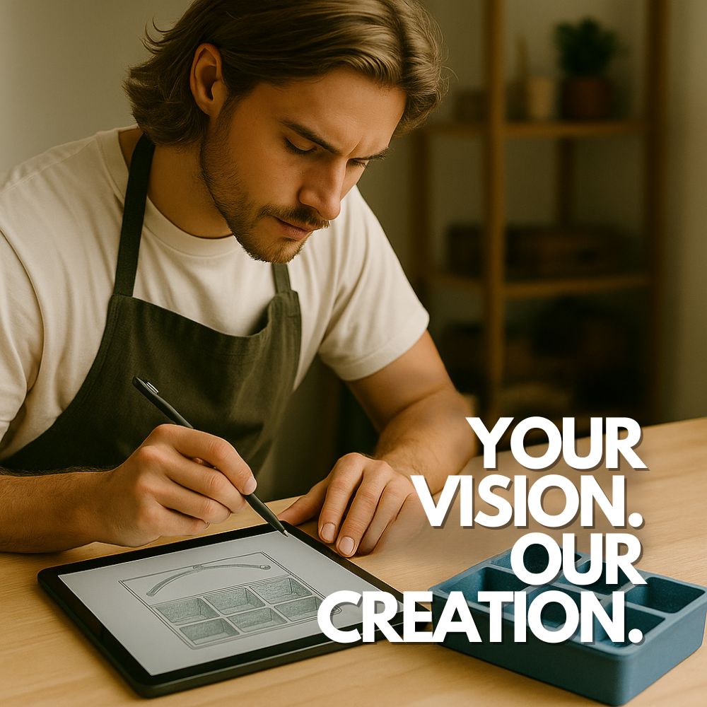Man sketching custom ice tray design on tablet, showcasing how personalised ice trays are created from customer ideas into handcrafted products.
