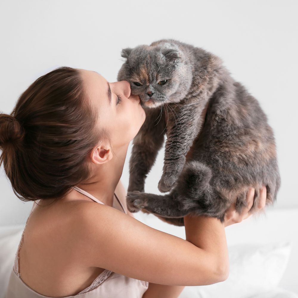 Young woman lifting and kissing her grey Scottish Fold cat indoors, symbolising the deep love behind every thoughtful Gift for Pet Mum gesture.