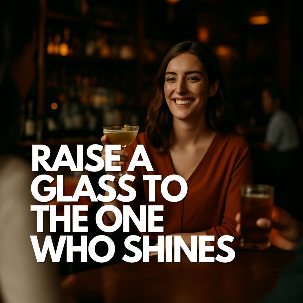 A joyful woman raising a cocktail at an upscale bar, surrounded by friends, celebrating a special occasion. Perfect for milestone birthdays, achievements, or personal celebrations. Use this image to highlight personalised gift ideas for women, meaningful celebrations, and unique drinkware gifts in Australia.