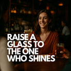 A joyful woman raising a cocktail at an upscale bar, surrounded by friends, celebrating a special occasion. Perfect for milestone birthdays, achievements, or personal celebrations. Use this image to highlight personalised gift ideas for women, meaningful celebrations, and unique drinkware gifts in Australia.