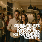 Group of people celebrating in a kitchen with text overlay about personalized ice.
