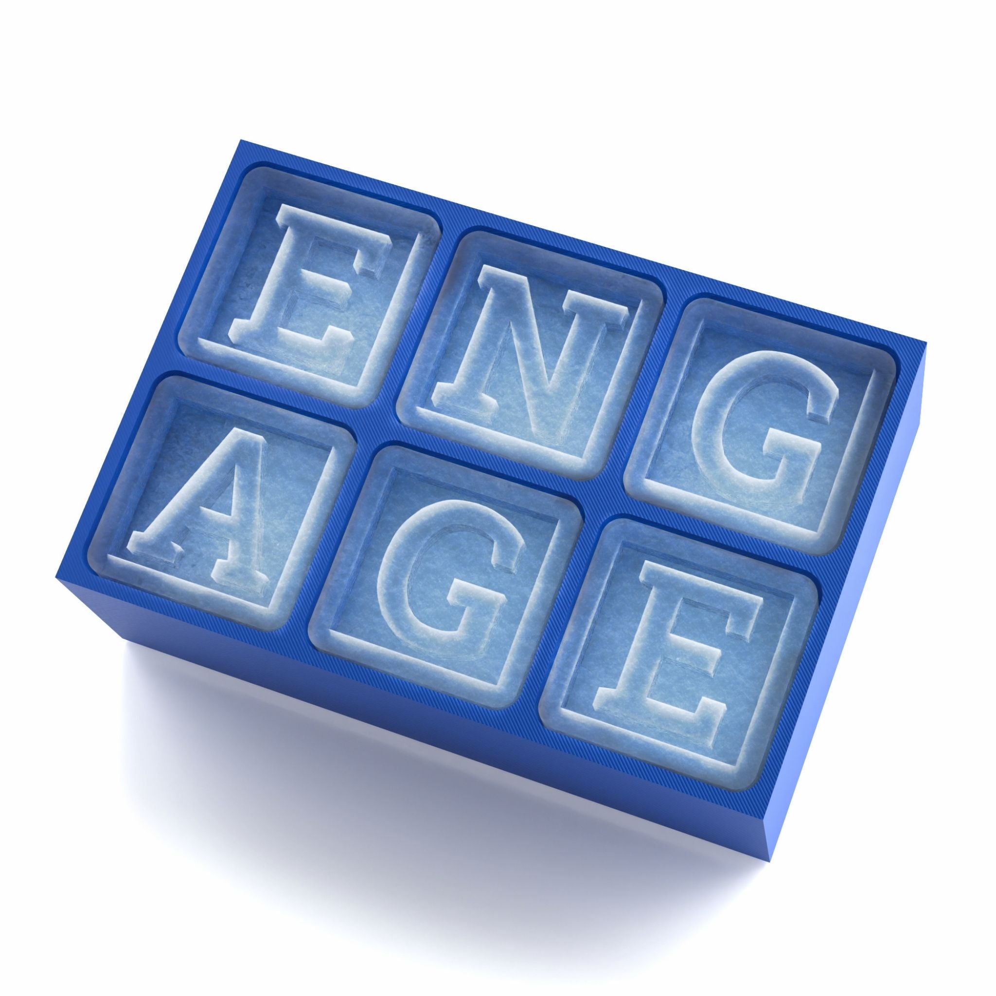 Bright blue silicone ice tray spelling “ENGAGE,” ideal for fun engagement gifts and festive celebrations.