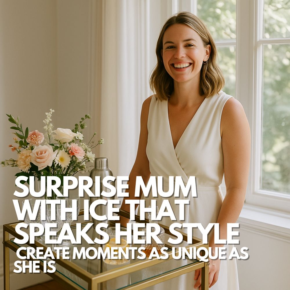 Smiling mum preparing drinks at her bar cart, enjoying the playful charm of custom lettered ice cubes in her home.