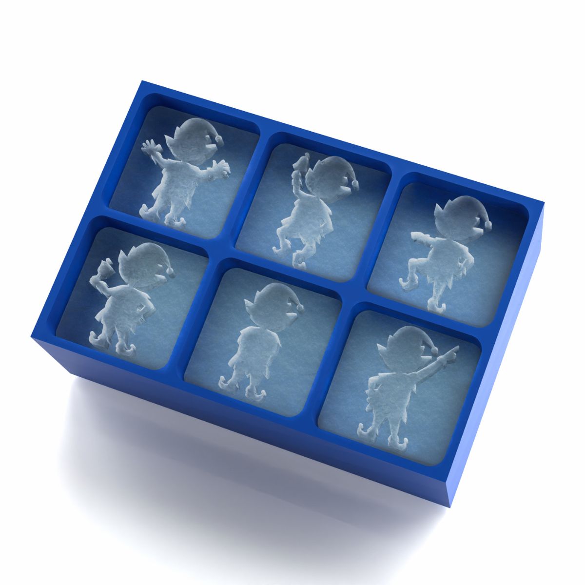 Blue silicone Christmas elf ice tray showing six slow-melting elf-shaped ice cubes with playful holiday character detail.