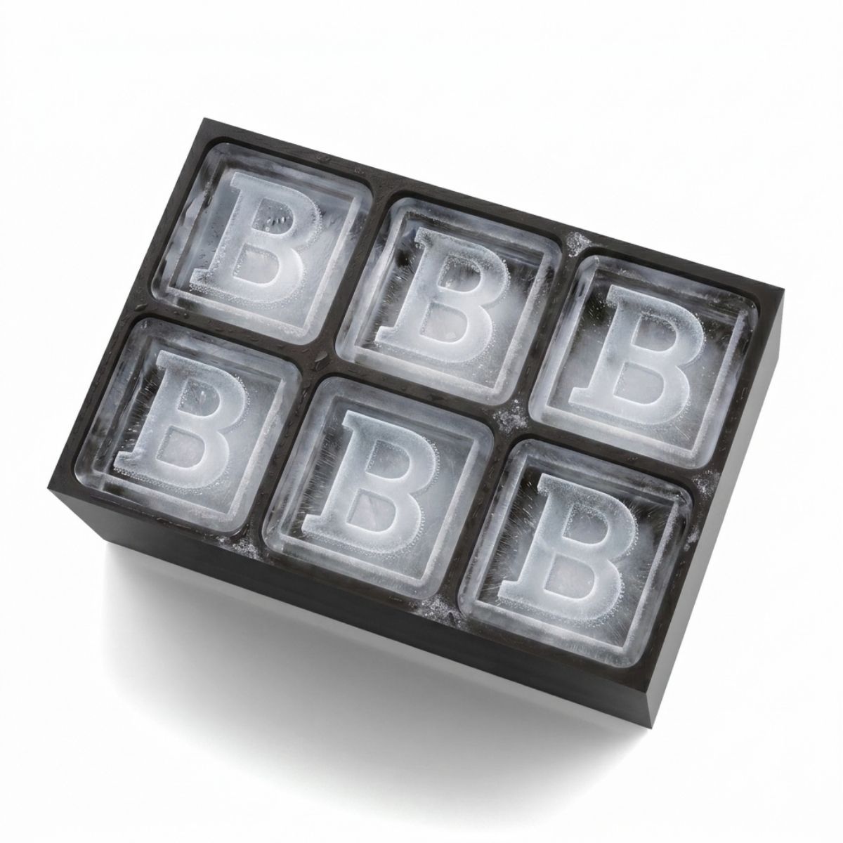 Sleek black cube mould with raised “B” design – ideal for milestone parties or for whiskey lovers who enjoy a bold, tailored drink setup.