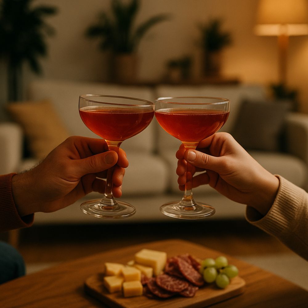 Hands of a couple clinking cocktail glasses in a warm, stylish setting