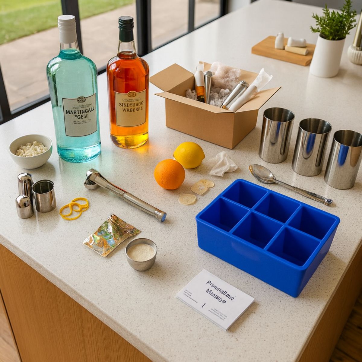 Neat flat lay on a white quartz bench showing a blue 6-cube platinum-silicone ice tray, gin and whisky bottles, citrus and stainless tumblers — Australian-made, gift-ready.