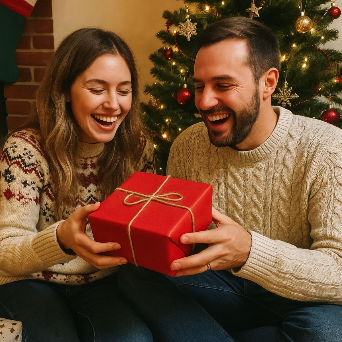 Joyful husband and wife opening a Christmas gift together beside a decorated tree, showcasing the happiness of giving personalised gifts during the festive season – perfect inspiration for Christmas gift ideas for men