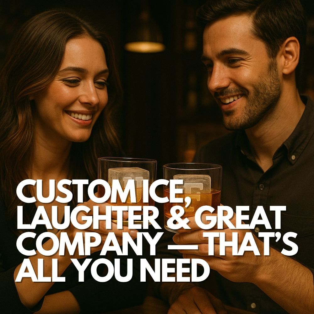 Happy couple toasting whiskey glasses with personalised ice cubes that spell “ICE” – perfect romantic gift idea for couples, Valentine’s Day, or date nights