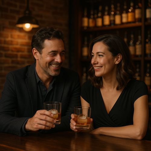 Smiling man and woman seated at a whiskey bar, holding whiskey glasses with large alphabet ice cubes, enjoying a relaxed evening together in a cozy, intimate setting with warm lighting.