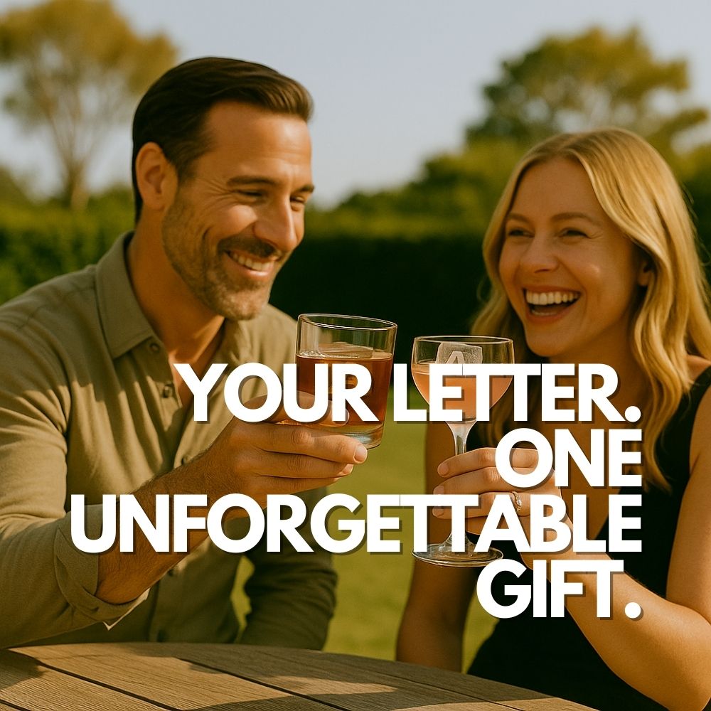 Happy couple at an outdoor party smiling at each other, with the overlay text “Your Letter. One Unforgettable Gift.” promoting personalised monogram ice trays
