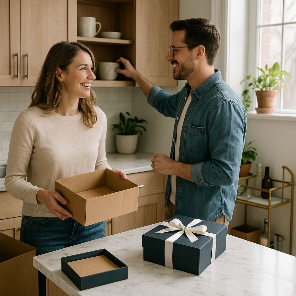 Smiling couple unpacking in their new kitchen with a navy gift box on the bench, perfect for housewarming inspiration