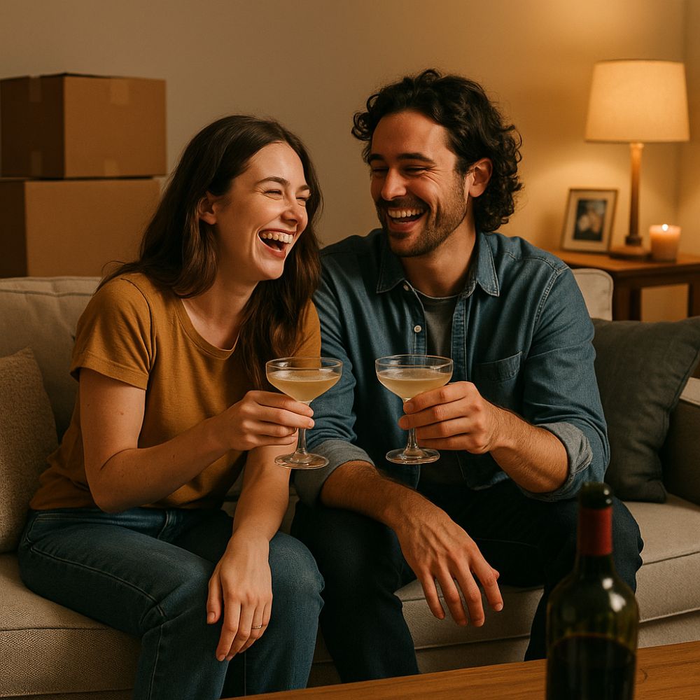 Romantic couple laughing and holding cocktails during housewarming moment