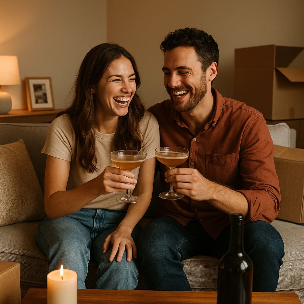 Romantic couple laughing and holding cocktails during housewarming moment