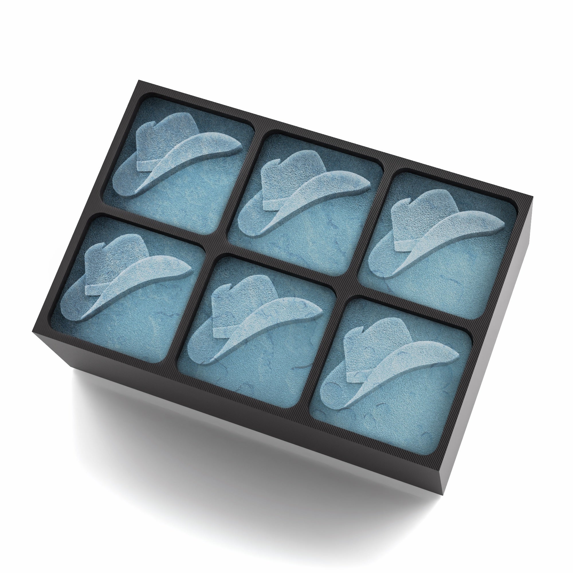 Black silicone ice tray with cowboy hat design in each cube – perfect for groomsmen gifts and western-themed bars.