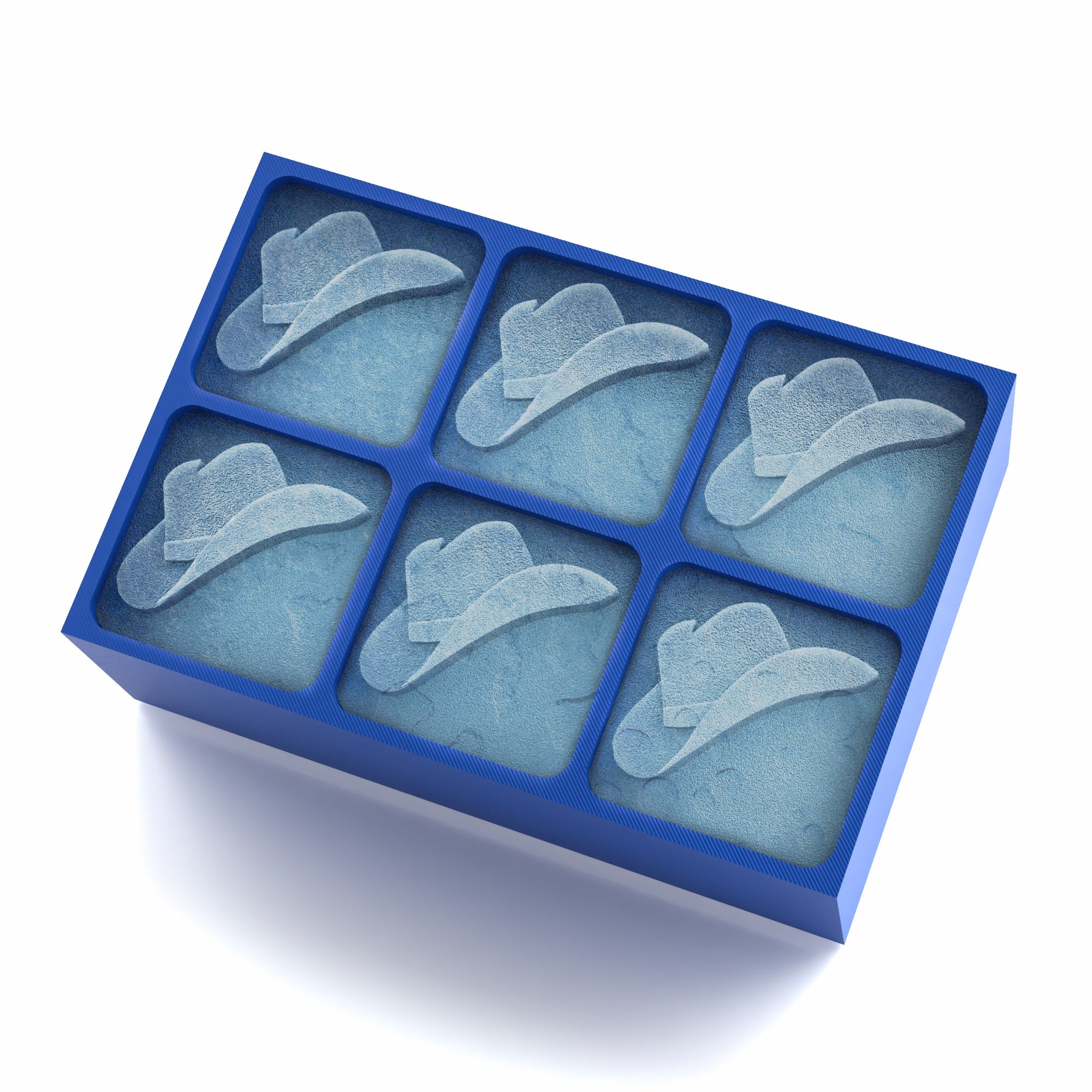 Blue silicone ice tray with raised cowboy hat design – great for rustic weddings, rodeo parties, or themed gifts.
