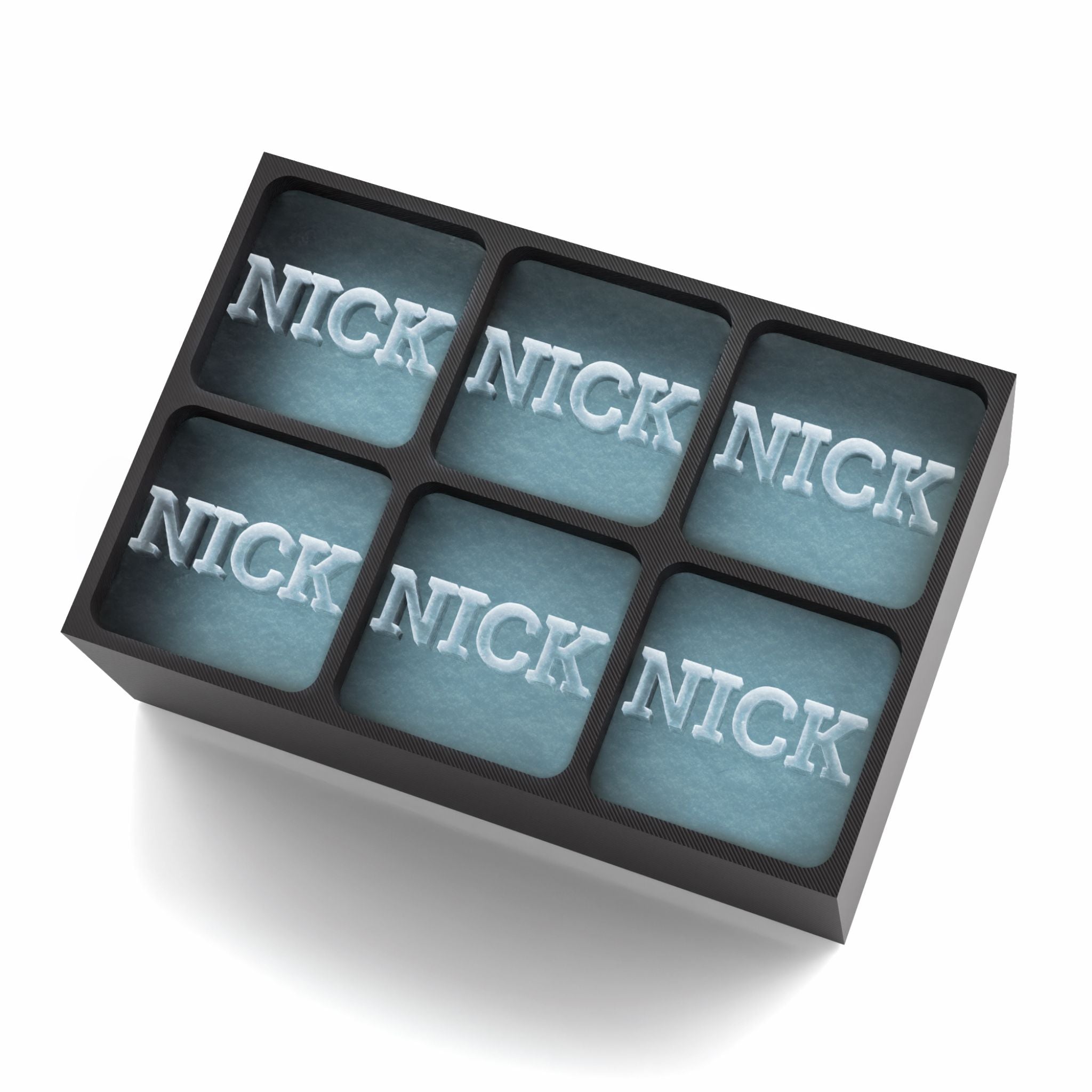 Black silicone ice tray with custom 'NICK' raised ice cubes – premium personalised gift idea for men