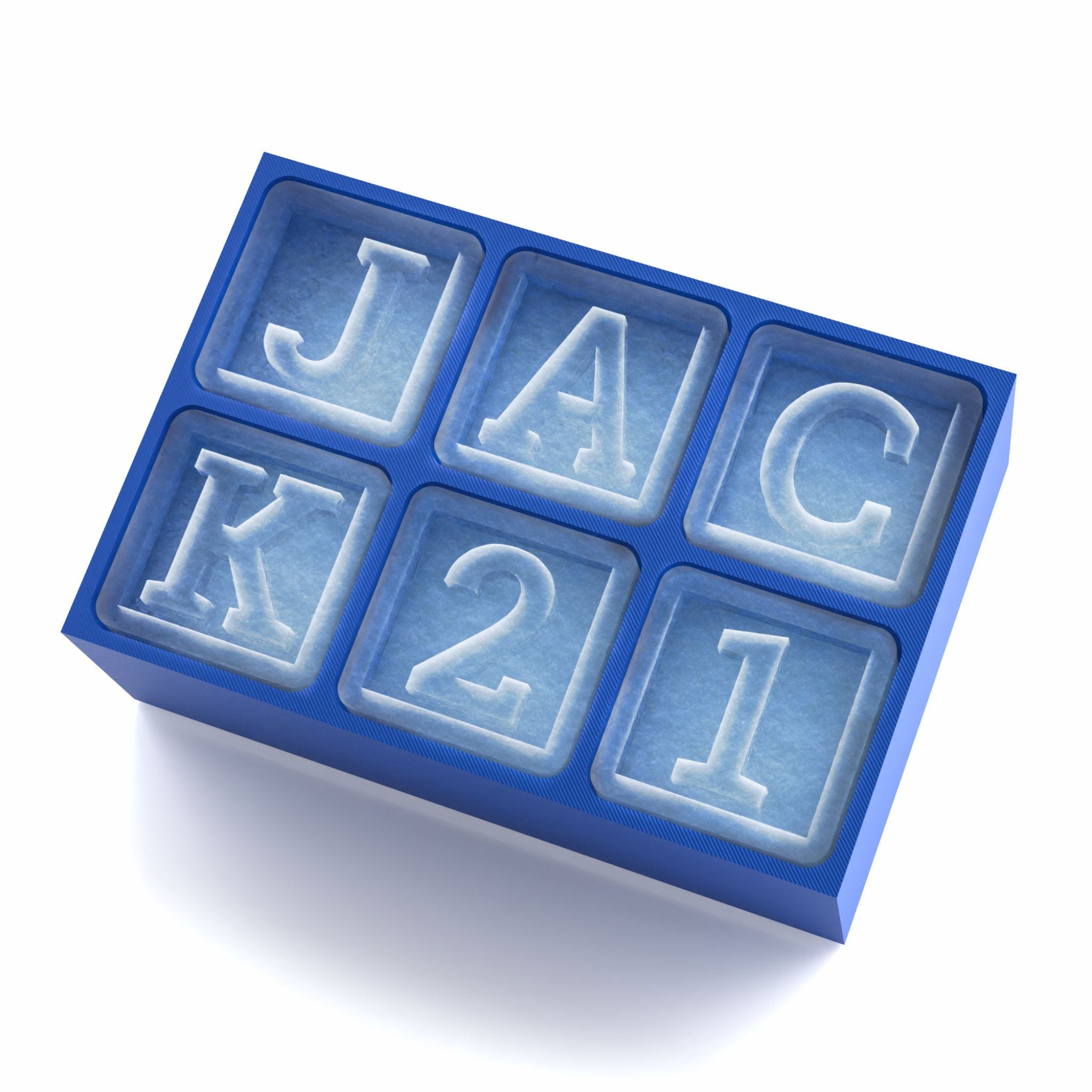 Blue custom ice cube tray spelling JACK21, perfect for 21st birthday parties and personalised gifts.