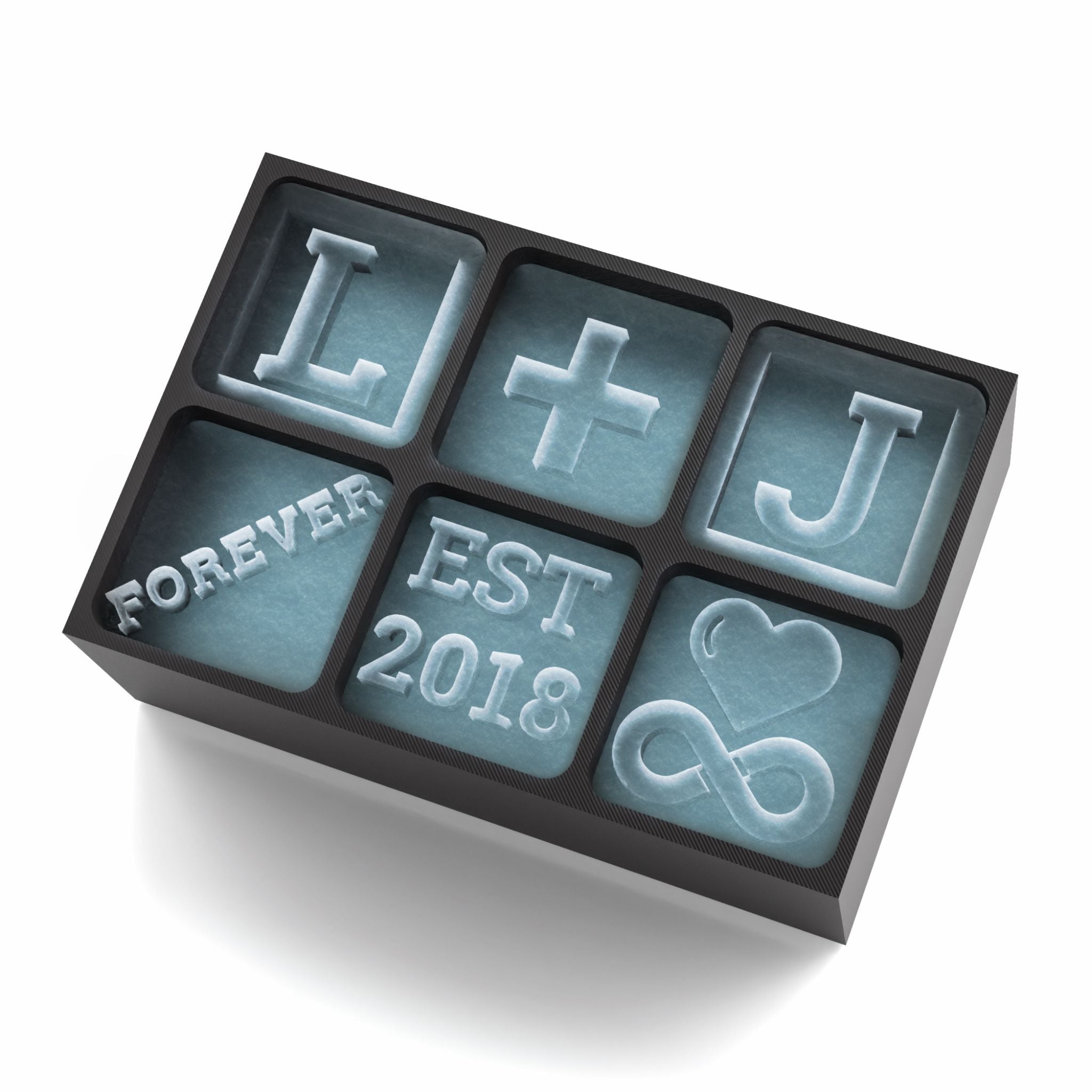 Black custom ice tray with couple initials L and J, plus signs, love symbols, and “FOREVER EST 2018” message in ice cubes