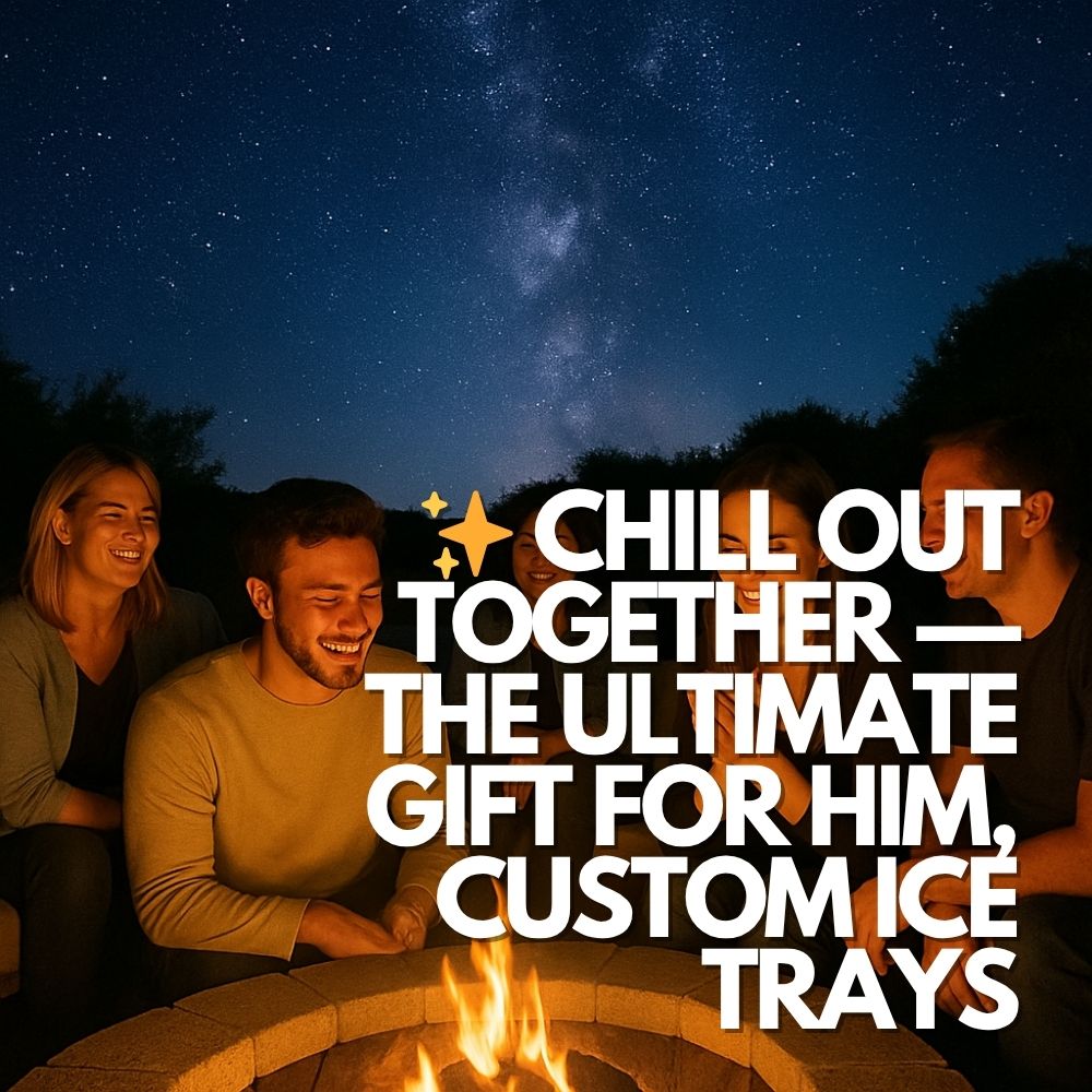 A group of friends share laughter around a fire pit under a brilliant starry sky. The overlay text says “Chill Out Together — The Ultimate Gift for Him, Custom Ice Trays,” connecting personalised gifts to shared experiences.