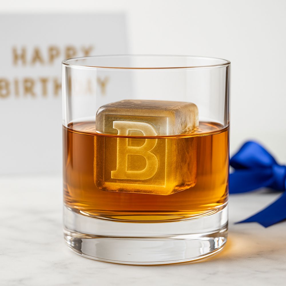 Golden-hued whiskey with a bold custom B ice cube – a stylish and meaningful birthday gift for your boyfriend who loves premium barware.
