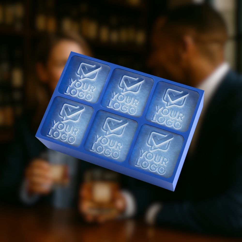 Custom blue ice tray featuring YOUR LOGO design, ideal for business events, bars, and promotional gifts