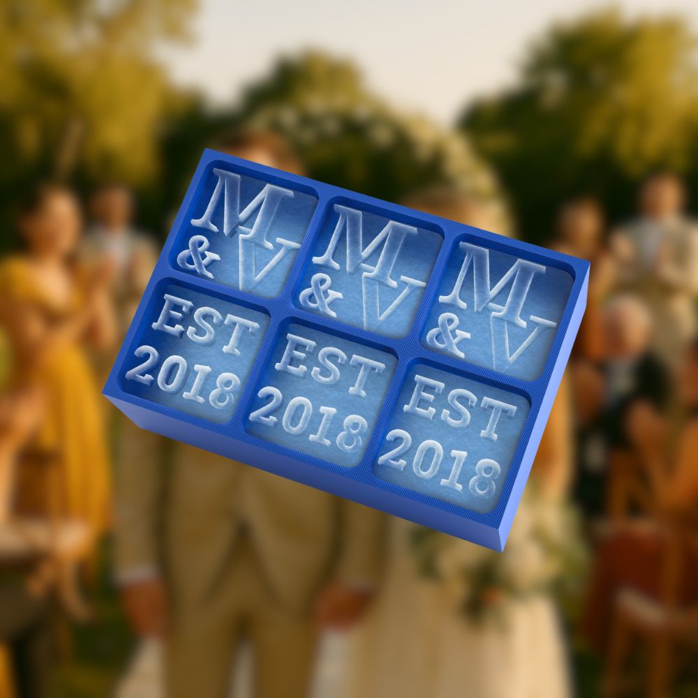 Blue 6-cube custom ice tray with M&V EST 2018 letters, perfect for weddings or anniversary gifts