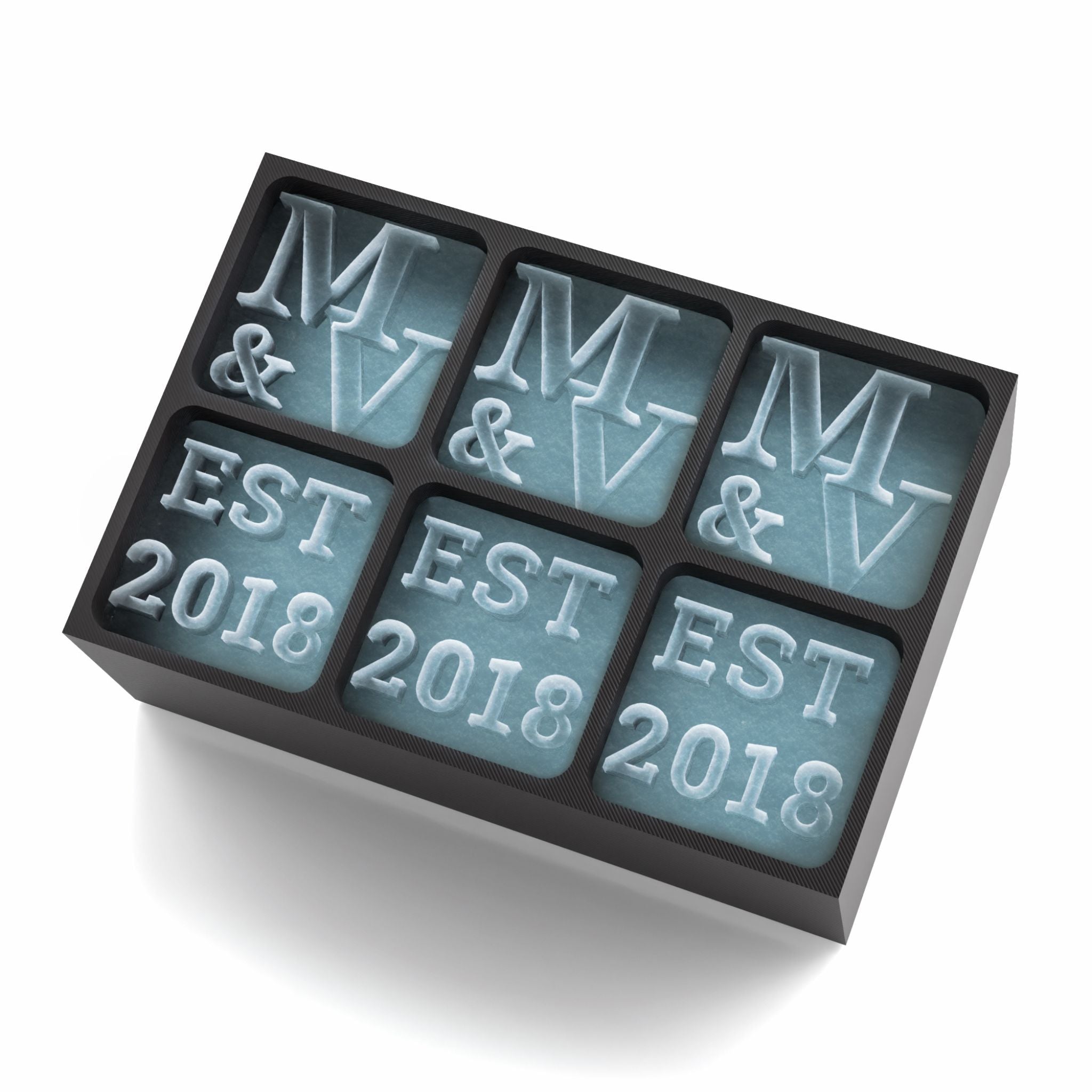 Black personalised ice tray with M & V and EST 2018 design – perfect gift for weddings or anniversaries