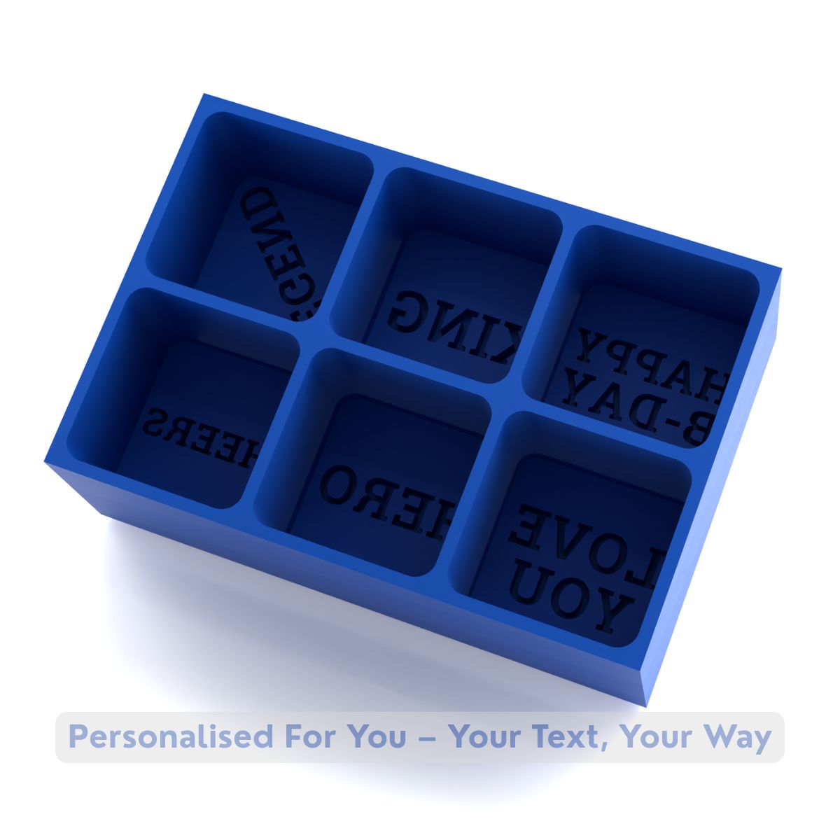 Blue platinum-silicone ice cube tray with six blank cubes showing reversed word moulds, ready for personalised text or names, perfect custom gift for milestones.