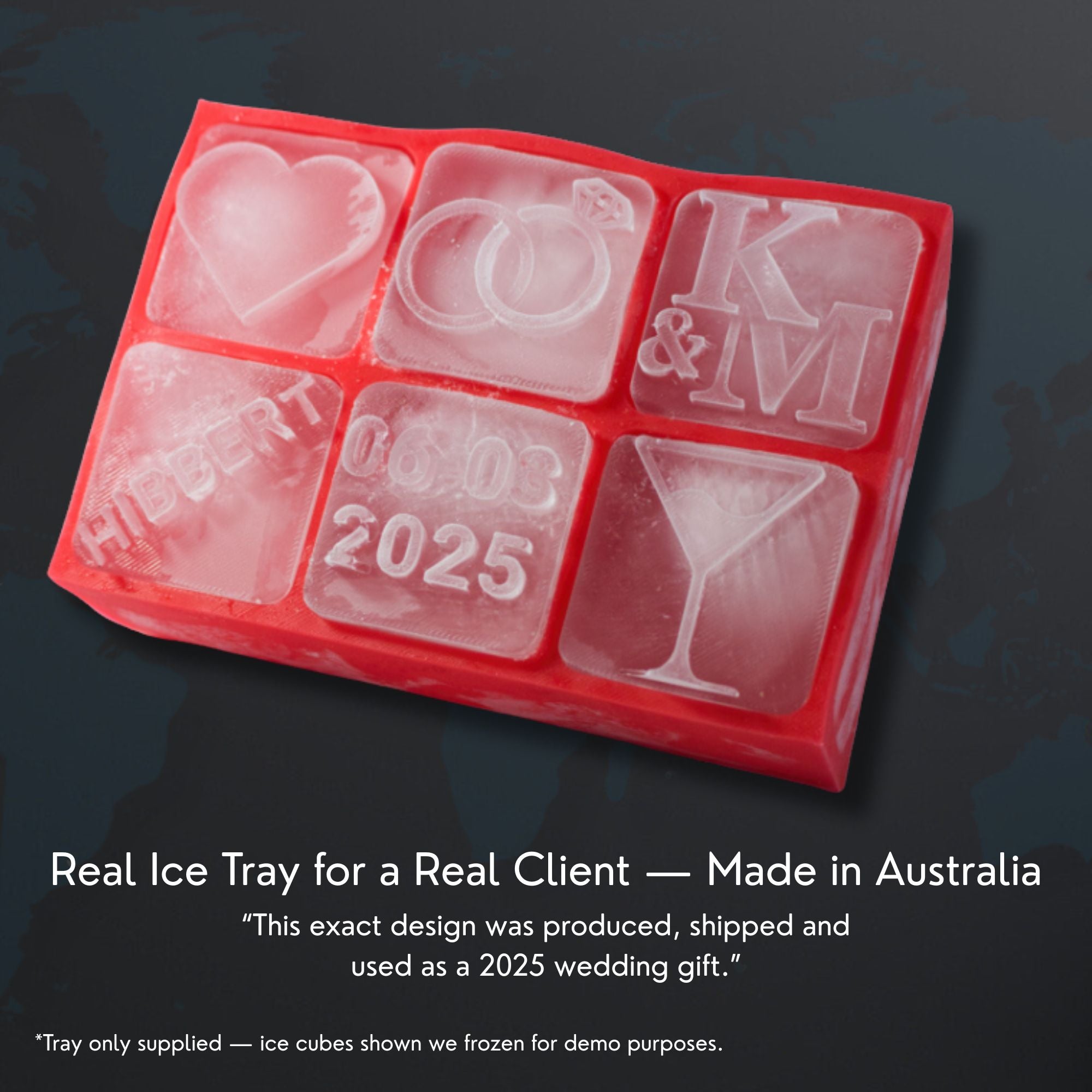 Red custom ice tray with heart, rings, initials and date — designed in Australia and shipped worldwide for personalised wedding or anniversary gifts
