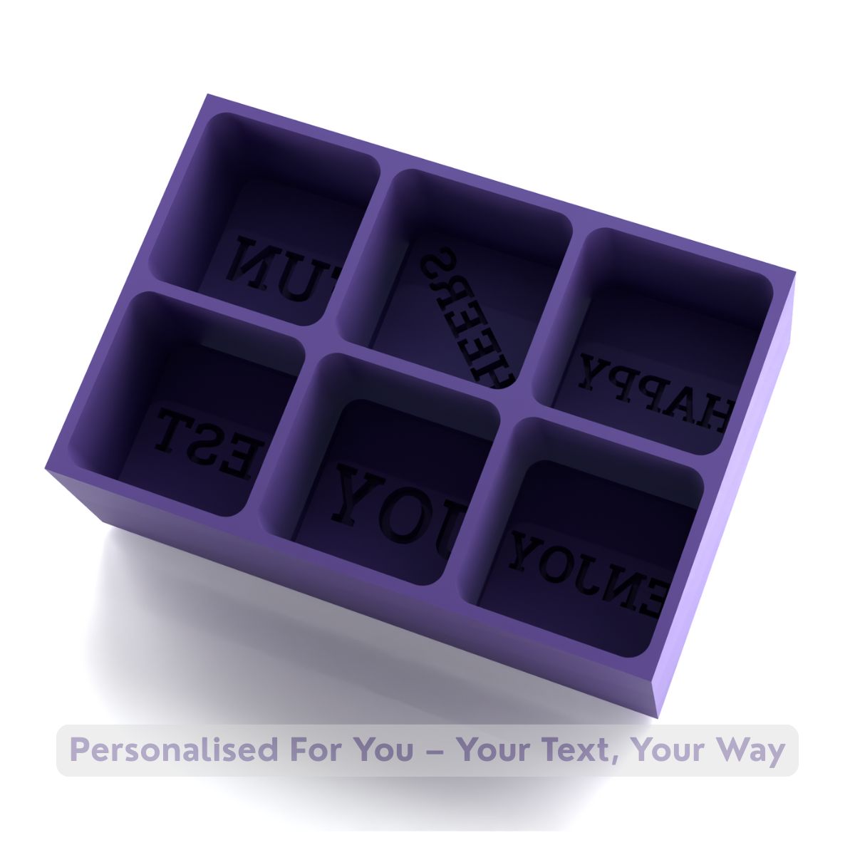 A purple 6-cube platinum-silicone tray designed for creating raised custom wording on ice cubes, adding meaning to every sip.