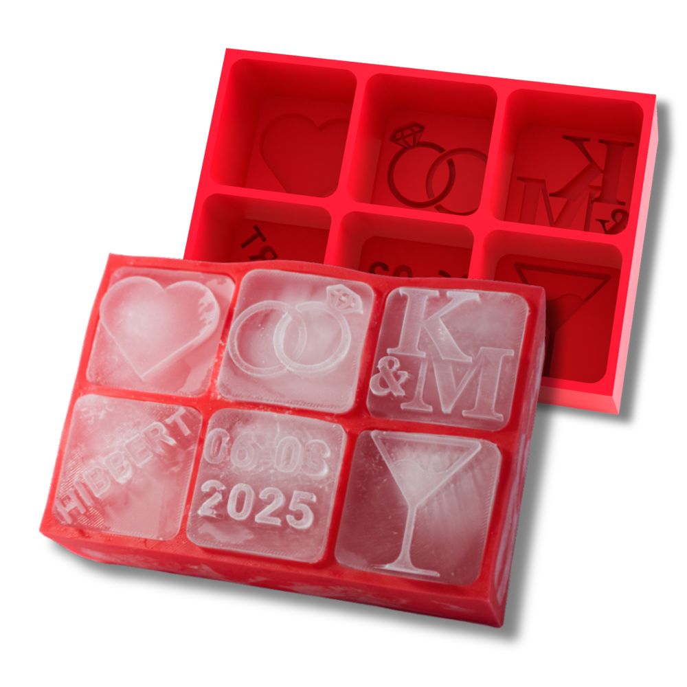 Red 6-cube silicone ice tray with personalised engraved designs including hearts, rings, initials, and wedding date, alongside the matching ice cubes. Custom-made as a wedding gift and crafted using Fusion 360.