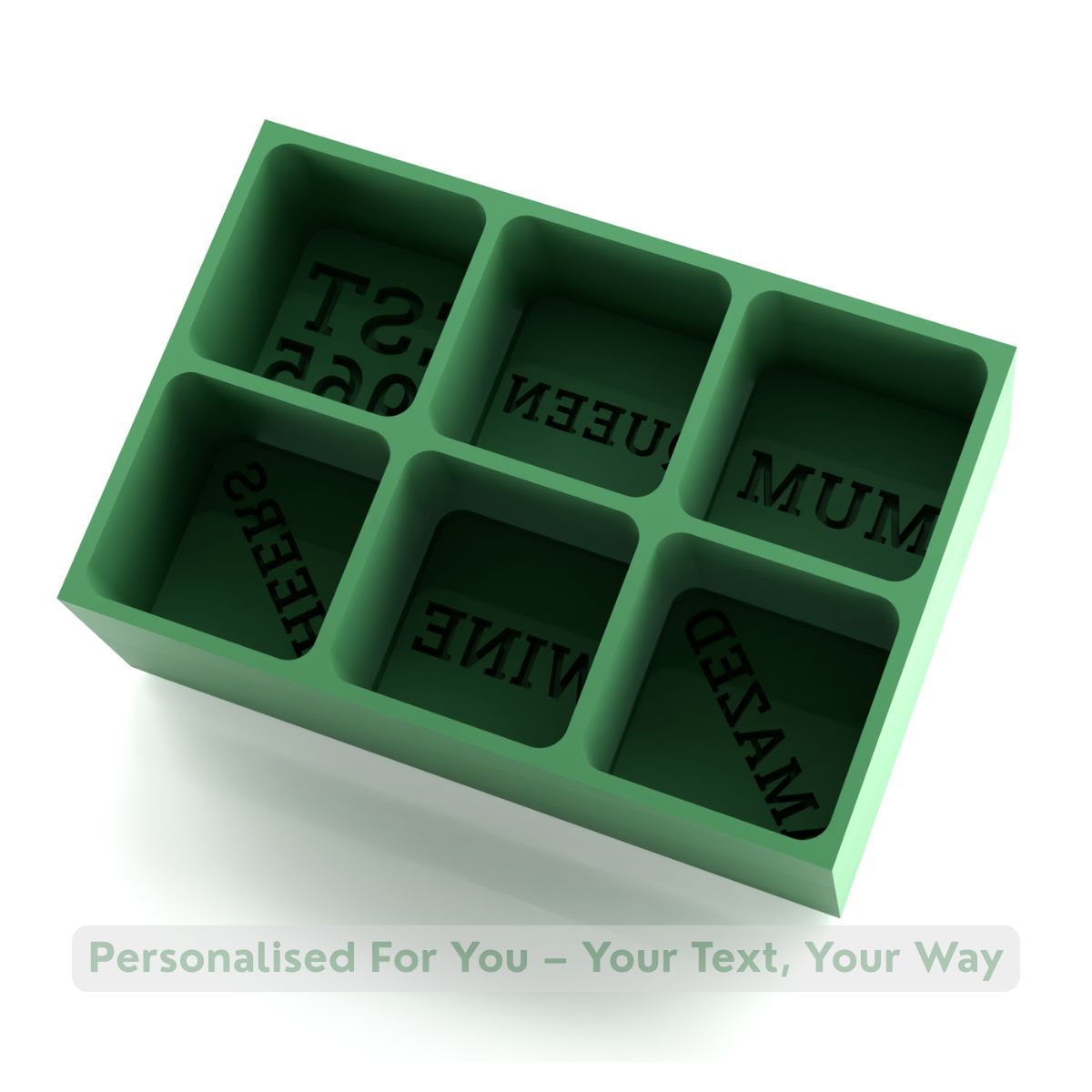 Green silicone ice cube tray with six cavities and reversed lettering — personalised for Mum or special women who love thoughtful handmade gifts.