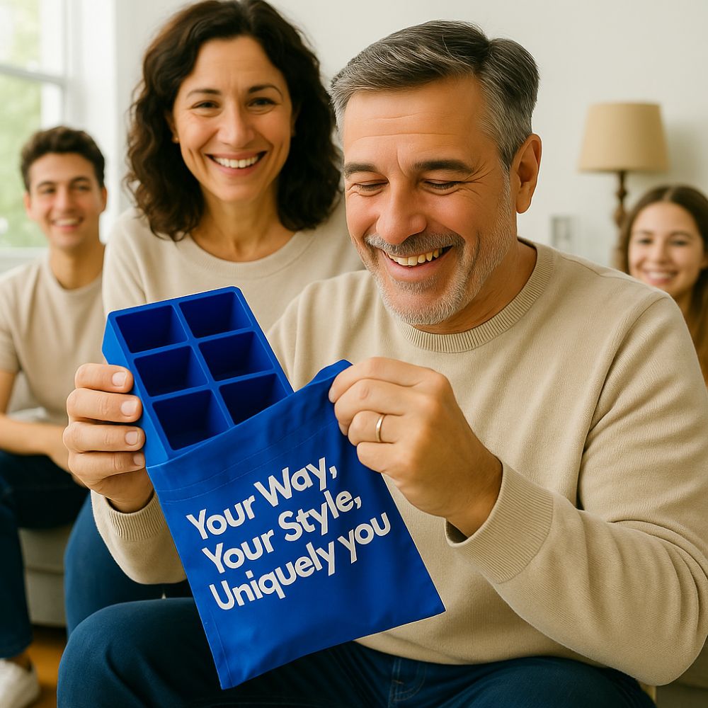A joyful dad smiles as he opens a blue 6-cube Chilled Out Creations ice tray in its branded pouch, surrounded by his happy family in a bright living room on Father’s Day