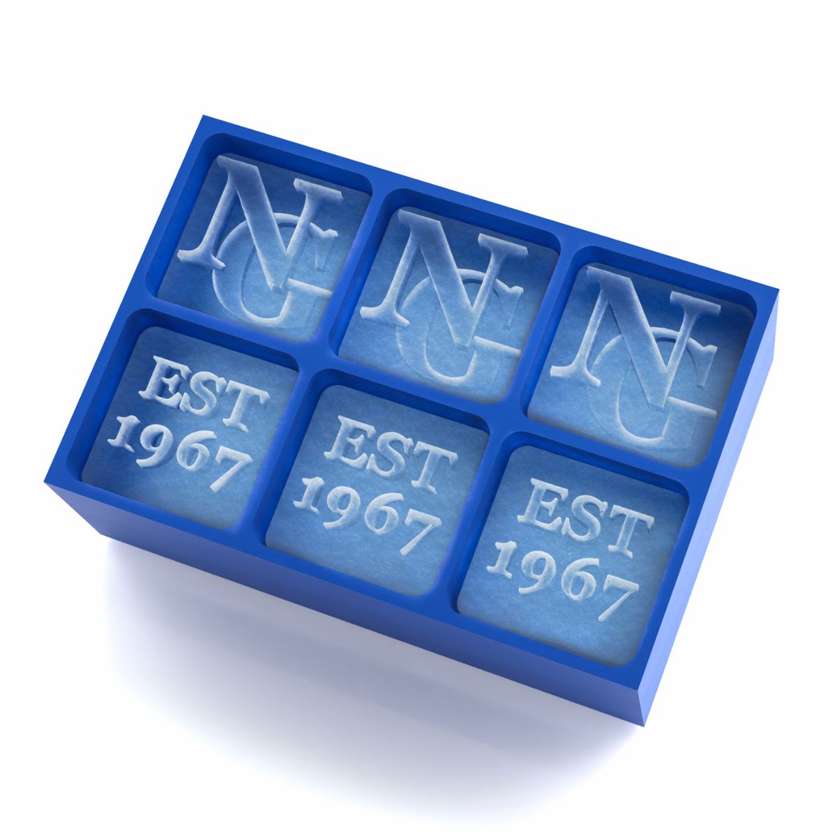 Royal-blue silicone ice tray showing custom Dad’s initials and EST. year frozen in clear cubes – unique Father’s Day whisky gift.