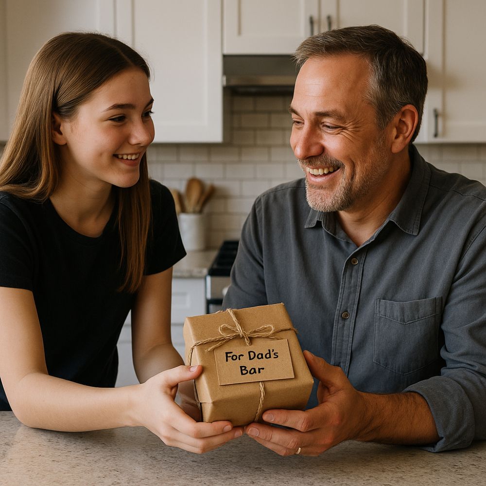 Smiling teenage daughter giving her dad a present labelled “For Dad’s Bar” in a warm kitchen setting – a heartfelt gift exchange for Father’s Day or birthdays.