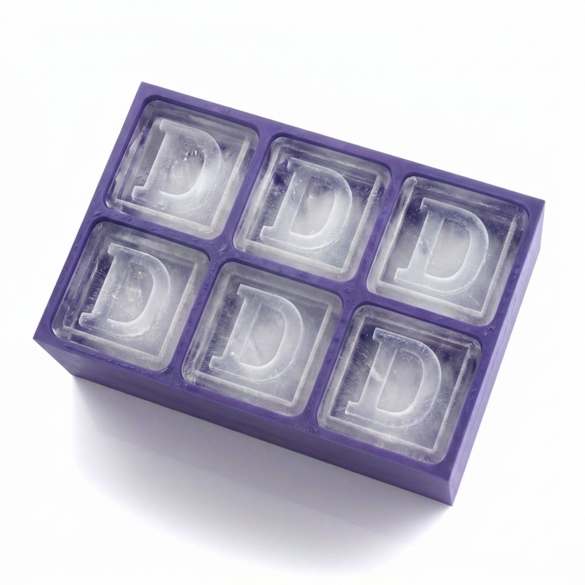 Purple monogrammed ice tray with bold D letters – perfect custom gift for 60th birthdays, anniversaries, or thoughtful toasts