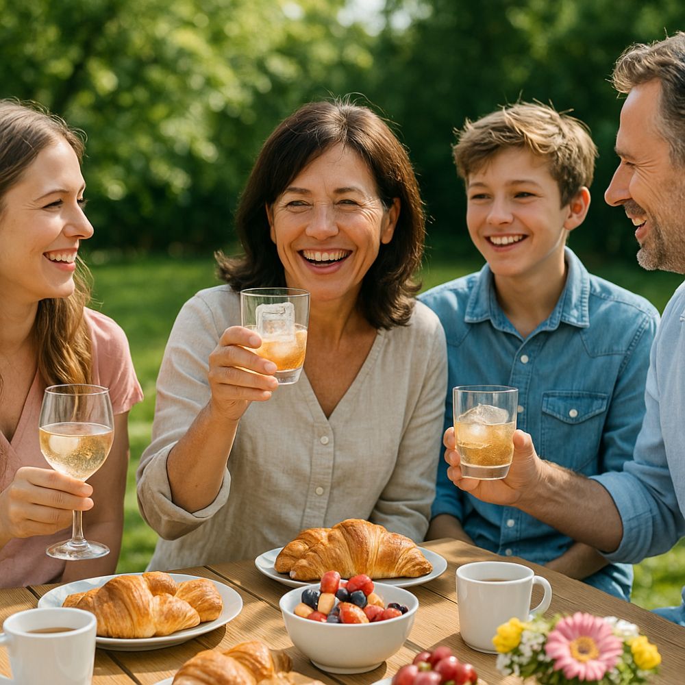 Smiling family toasting with drinks around a table set with croissants and berries during a sunny outdoor Mother’s Day brunch, mum in the centre holding a glass with a large ice cube.