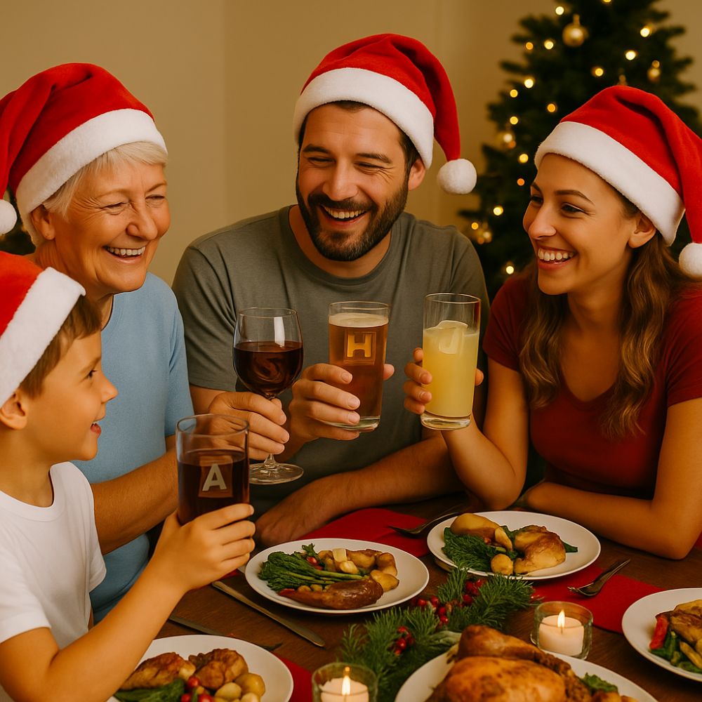 A well-dressed group celebrates Christmas with drinks featuring custom alphabet ice cubes. Guests in formal attire raise their glasses in a glamorous indoor setting.