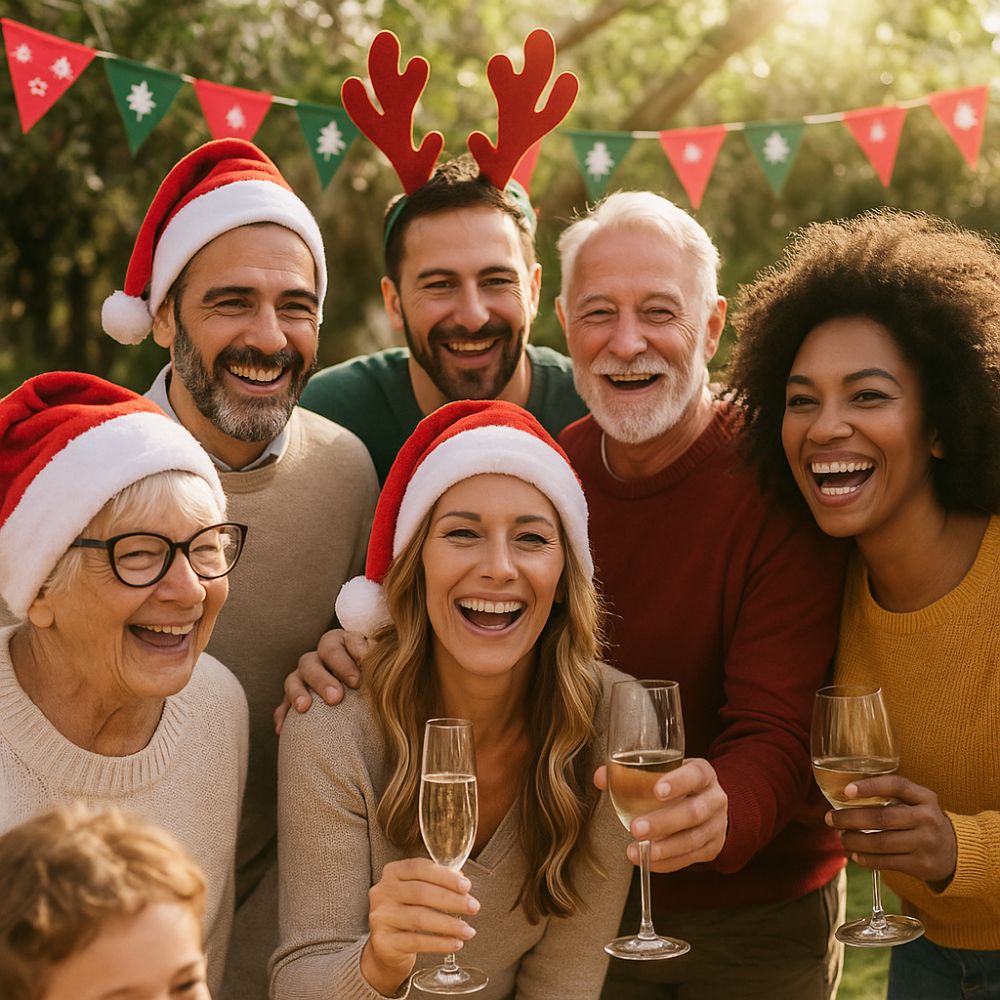 A joyful group of family and friends wearing Santa hats and reindeer antlers, smiling and celebrating together at an outdoor Christmas party. The mood is warm, festive, and full of laughter – perfect for holiday gifting inspiration.