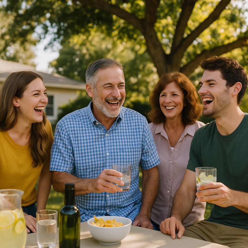 A joyful Australian family gathered around a drinks table outdoors, sharing laughter and connection during a Father’s Day celebration—capturing the emotional joy of gifting.